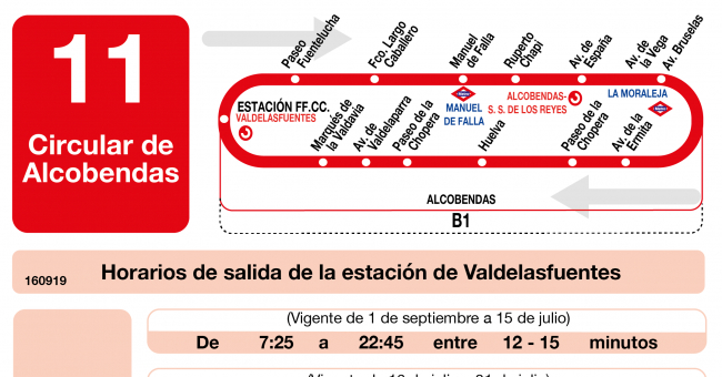 Tabla de horarios y frecuencias de paso en sentido ida Línea L-11 Alcobendas: Circular