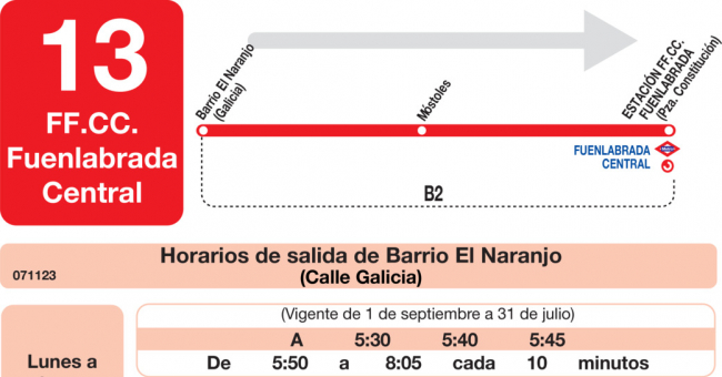 Tabla de horarios y frecuencias de paso en sentido ida Línea L-13 Fuenlabrada: Barrio Naranjo - Estación Cercanías RENFE