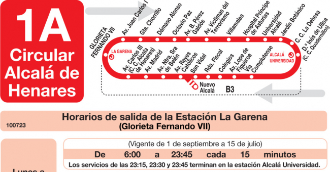 Tabla de horarios y frecuencias de paso en sentido ida Línea L-1A Alcalá de Henares: Circular
