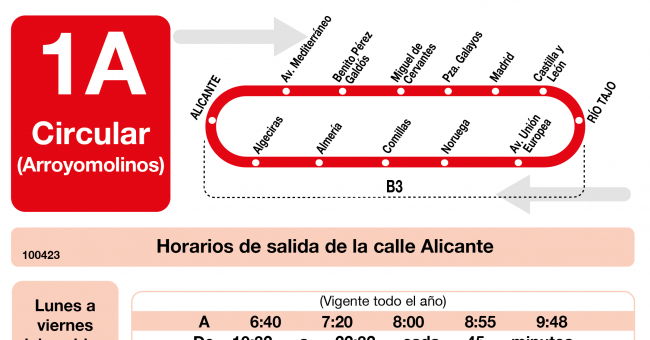 Tabla de horarios y frecuencias de paso en sentido ida Línea L-1A Arroyomolinos: Circular