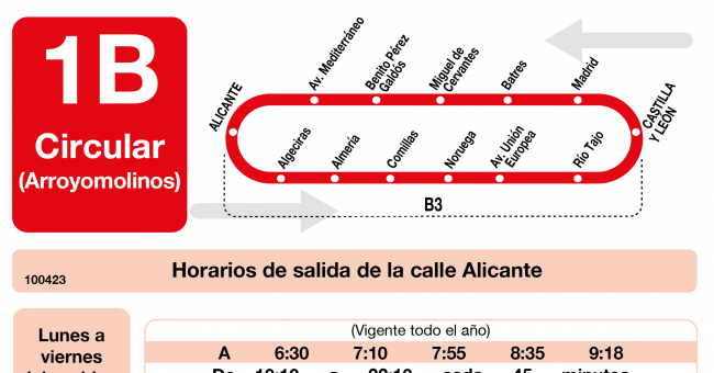 Tabla de horarios y frecuencias de paso en sentido ida Línea L-1B Arroyomolinos: Circular