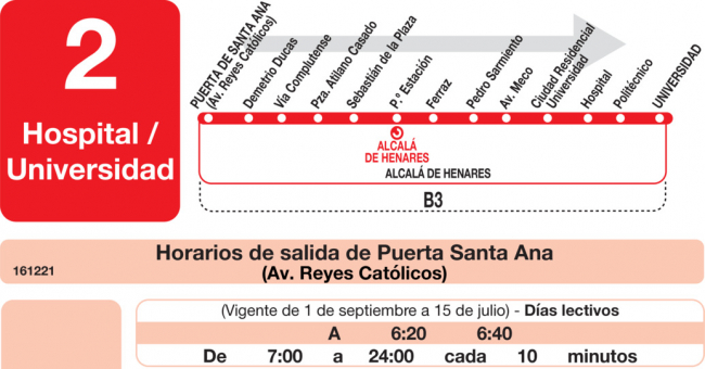 Tabla de horarios y frecuencias de paso en sentido ida Línea L-2 Alcalá de Henares: Plaza Cervantes - Universidad - Hospital
