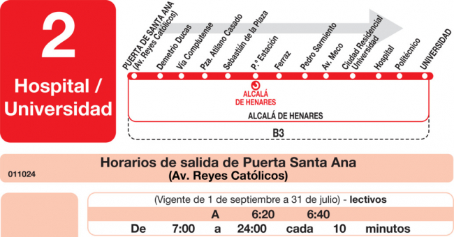 Tabla de horarios y frecuencias de paso en sentido ida Línea L-2 Alcalá de Henares: Plaza Cervantes - Universidad - Hospital