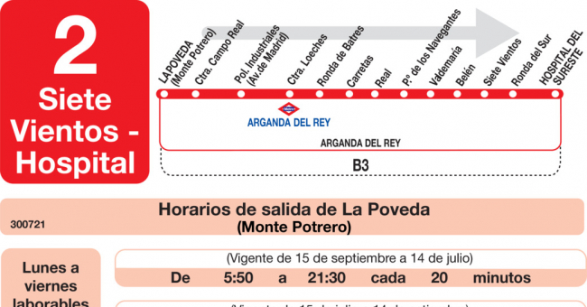 Tabla de horarios y frecuencias de paso en sentido ida Línea L-2 Arganda del Rey: La Poveda - Siete Vientos - Hospital