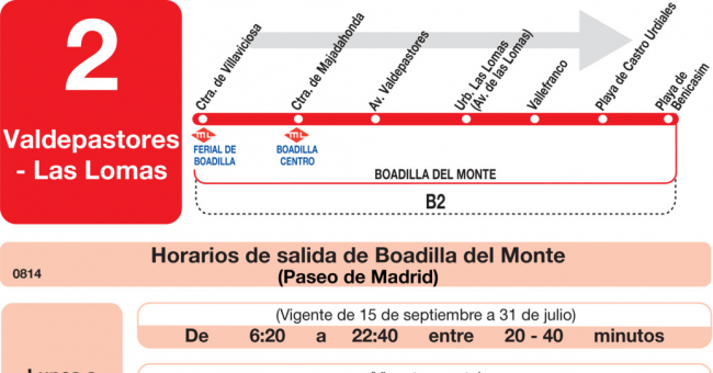 Tabla de horarios y frecuencias de paso en sentido ida Línea L-2 Boadilla del Monte: Ferial de Boadilla - Valdepastores - Las Lomas