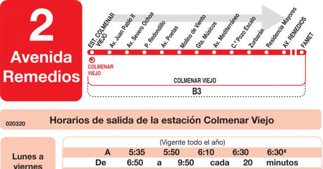 Tabla de horarios y frecuencias de paso en sentido ida Línea L-2 Colmenar Viejo: Estación Cercanías RENFE - Ermita de los Remedios