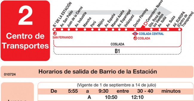 Tabla de horarios y frecuencias de paso en sentido ida Línea L-2 Coslada: Barrio de la Estación - Centro de Transportes