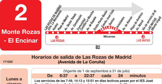 Tabla de horarios y frecuencias de paso en sentido ida Línea L-2 Las Rozas: Las Rozas - Monte Rozas - El Encinar