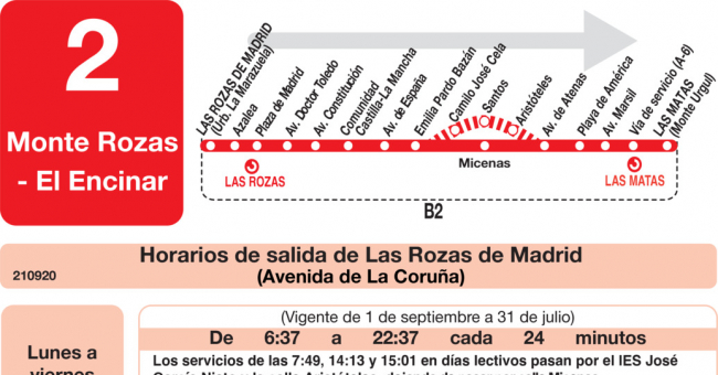 Tabla de horarios y frecuencias de paso en sentido ida Línea L-2 Las Rozas: Las Rozas - Monte Rozas - El Encinar