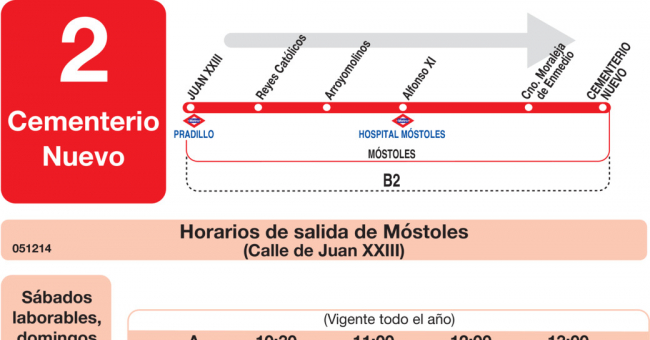 Tabla de horarios y frecuencias de paso en sentido ida Línea L-2 Móstoles: Móstoles (Pradillo) - Cementerio