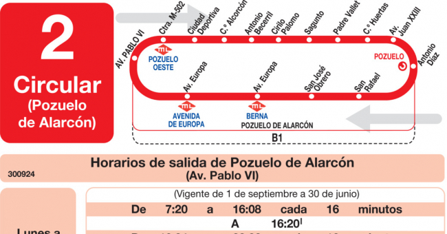 Tabla de horarios y frecuencias de paso en sentido ida Línea L-2 Pozuelo de Alarcón: Circular