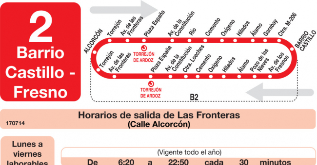 Tabla de horarios y frecuencias de paso en sentido ida Línea L-2 Torrejón de Ardoz: Fronteras - Barrio del Castillo - Fresno