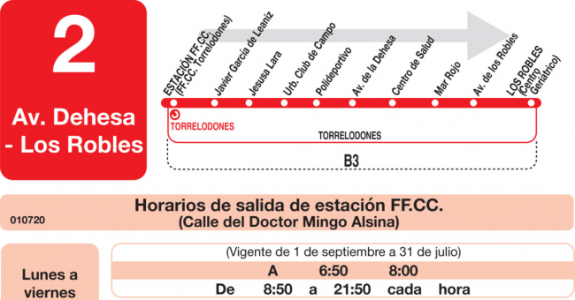 Tabla de horarios y frecuencias de paso en sentido ida Línea L-2 Torrelodones: Estación Cercanías RENFE - Colonia - Pueblo - Los Robles