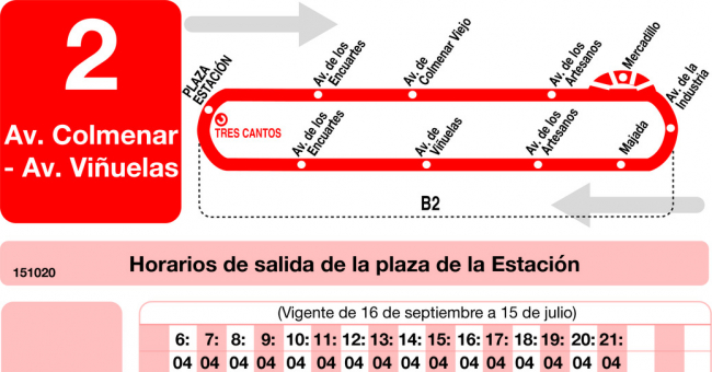 Tabla de horarios y frecuencias de paso en sentido ida Línea L-2 Tres Cantos: Estación Cercanías RENFE - Avenida de Colmenar - Avenida de Viñuelas