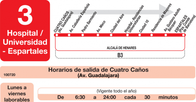 Tabla de horarios y frecuencias de paso en sentido ida Línea L-3 Alcalá de Henares: Plaza Cervantes - Espartales