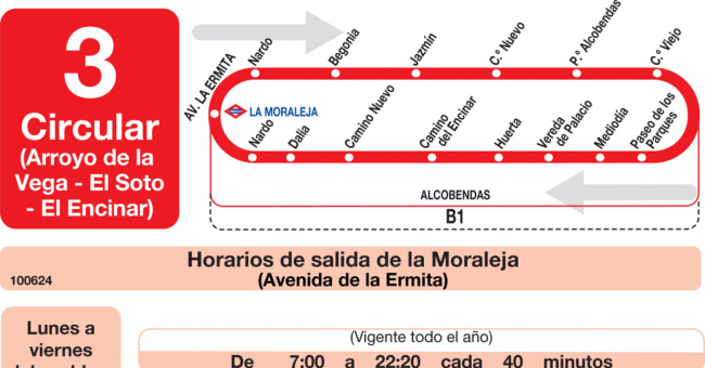 Tabla de horarios y frecuencias de paso en sentido ida Línea L-3 Alcobendas: Arroyo de la Vega - Soto de la Moraleja - El Encinar de los Reyes