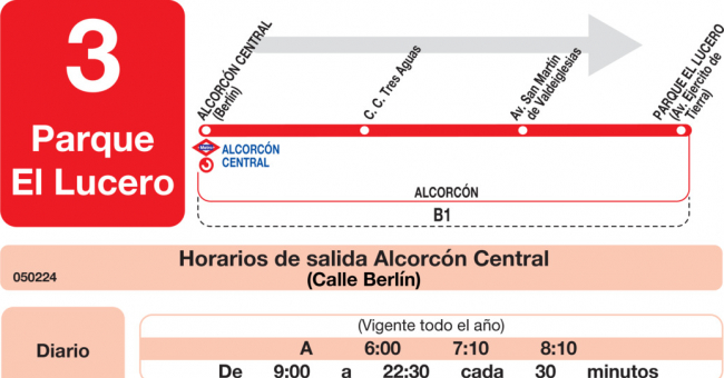 Tabla de horarios y frecuencias de paso en sentido ida Línea L-3 Alcorcón: Alcorcón Central - Parque El Lucero
