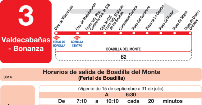 Tabla de horarios y frecuencias de paso en sentido ida Línea L-3 Boadilla del Monte: Ferial de Boadilla - Valdecabañas - Bonanza