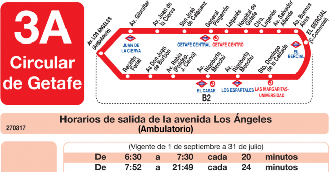 Tabla de horarios y frecuencias de paso en sentido ida Línea L-3 Getafe: El Bercial - Juan de Borbón - Ventorro