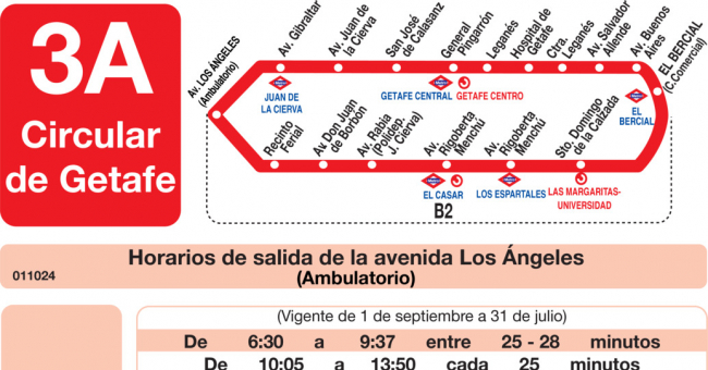 Tabla de horarios y frecuencias de paso en sentido ida Línea L-3 Getafe: El Bercial - Juan de Borbón - Ventorro