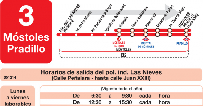 Tabla de horarios y frecuencias de paso en sentido ida Línea L-3 Móstoles: Polígono Industrial las Nieves - Móstoles Central