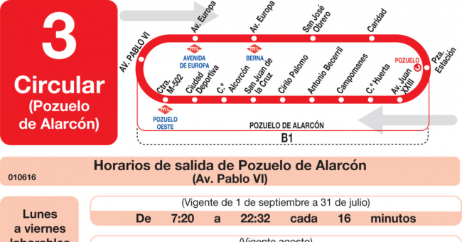 Tabla de horarios y frecuencias de paso en sentido ida Línea L-3 Pozuelo de Alarcón: Circular