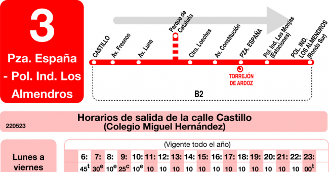 Tabla de horarios y frecuencias de paso en sentido ida Línea L-3 Torrejón de Ardoz: Los Fresnos - Plaza España - Las Monjas