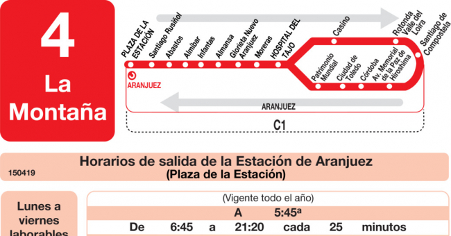 Tabla de horarios y frecuencias de paso en sentido ida Línea L-4 Aranjuez: Estación Cercanías RENFE - Hospital - PAU de la Montaña