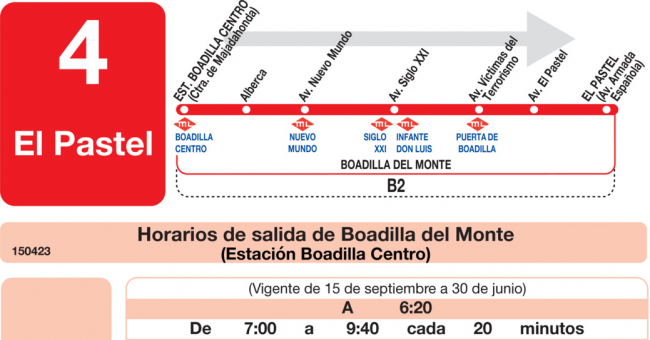 Tabla de horarios y frecuencias de paso en sentido ida Línea L-4 Boadilla del Monte: Boadilla Centro - El Pastel