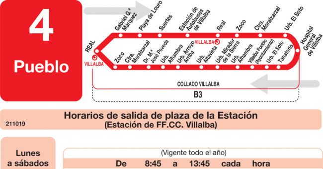 Tabla de horarios y frecuencias de paso en sentido ida Línea L-4 Collado-Villalba: Estación Cercanías RENFE - Paseo de La Coruña - Pueblo
