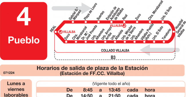 Tabla de horarios y frecuencias de paso en sentido ida Línea L-4 Collado-Villalba: Estación Cercanías RENFE - Paseo de La Coruña - Pueblo