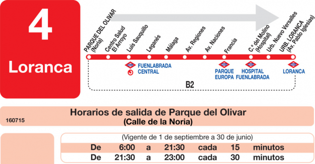 Tabla de horarios y frecuencias de paso en sentido ida Línea L-4 Fuenlabrada: El Arroyo - La Fuente - Loranca