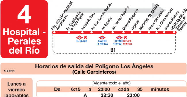 Tabla de horarios y frecuencias de paso en sentido ida Línea L-4 Getafe: Hospital - Perales del Río