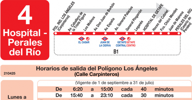 Tabla de horarios y frecuencias de paso en sentido ida Línea L-4 Getafe: Hospital - Perales del Río