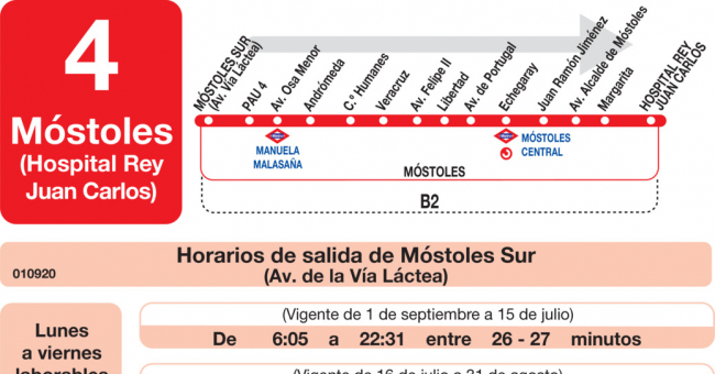 Tabla de horarios y frecuencias de paso en sentido ida Línea L-4 Móstoles: Manuela Malasaña - Móstoles Central