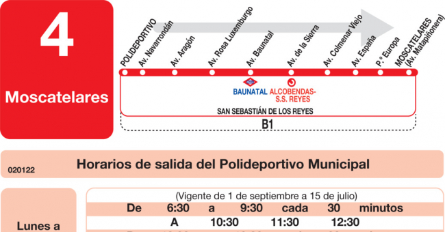 Tabla de horarios y frecuencias de paso en sentido ida Línea L-4 San Sebastián de los Reyes: Polideportivo - Moscatelares