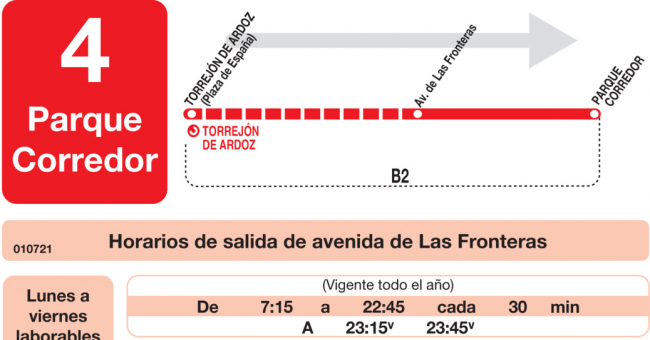 Tabla de horarios y frecuencias de paso en sentido ida Línea L-4 Torrejón de Ardoz: Torrejón - Parque Corredor