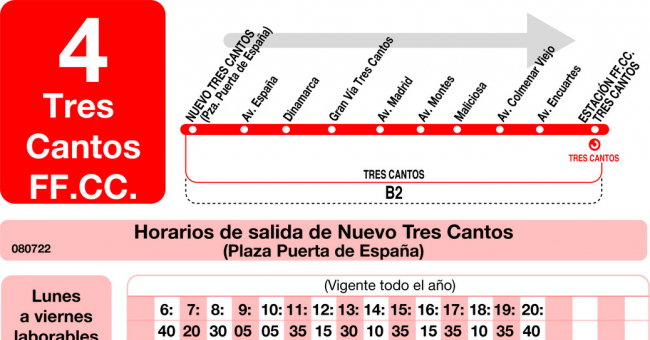 Tabla de horarios y frecuencias de paso en sentido ida Línea L-4 Tres Cantos: Nuevo Tres Cantos - Estación Cercanías RENFE