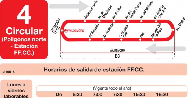 Tabla de horarios y frecuencias de paso en sentido ida Línea L-4 Valdemoro: Estación Cercanías RENFE - Polígonos Norte