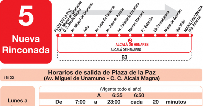 Tabla de horarios y frecuencias de paso en sentido ida Línea L-5 Alcalá de Henares: Barrio del Pilar - Centro Comercial la Dehesa