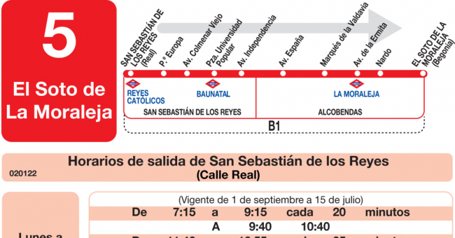 Tabla de horarios y frecuencias de paso en sentido ida Línea L-5 Alcobendas: San Sebastián de los Reyes - Alcobendas - El Soto - La Moraleja