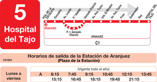Tabla de horarios y frecuencias de paso en sentido ida Línea L-5 Aranjuez: Estación Aranjuez - Hospital del Tajo