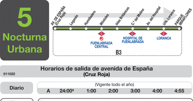 Tabla de horarios y frecuencias de paso en sentido ida Línea L-5 Fuenlabrada: Urbana Nocturna