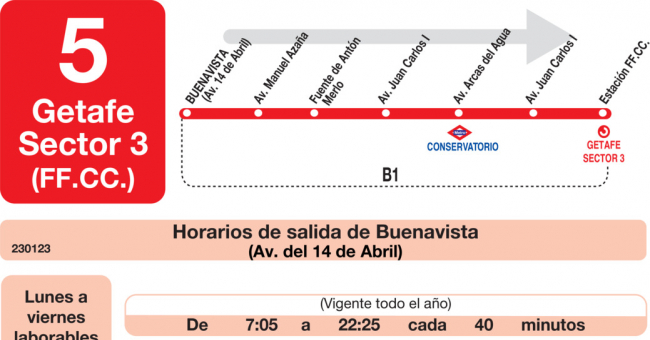 Tabla de horarios y frecuencias de paso en sentido ida Línea L-5 Getafe: Avenida de España - Cementerio