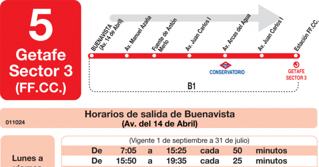 Tabla de horarios y frecuencias de paso en sentido ida Línea L-5 Getafe: Avenida de España - Cementerio