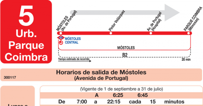 Tabla de horarios y frecuencias de paso en sentido ida Línea L-5 Móstoles: Estación Cercanías RENFE - Parque Coimbra