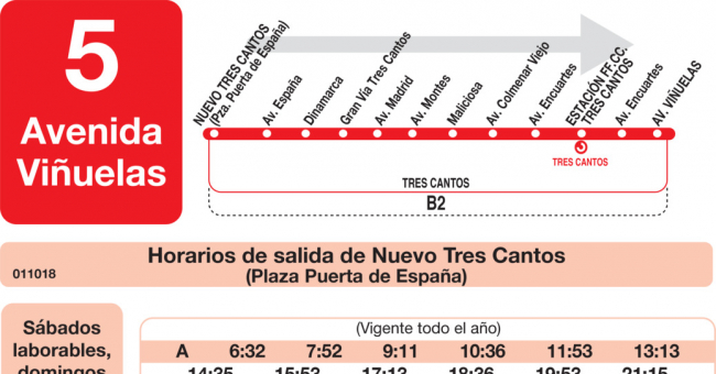 Tabla de horarios y frecuencias de paso en sentido ida Línea L-5 Tres Cantos: Nuevo Tres Cantos - Avenida Viñuelas