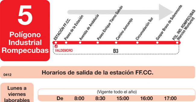 Tabla de horarios y frecuencias de paso en sentido ida Línea L-5 Valdemoro: Estación Cercanías RENFE - Polígono Industrial Rompecubas