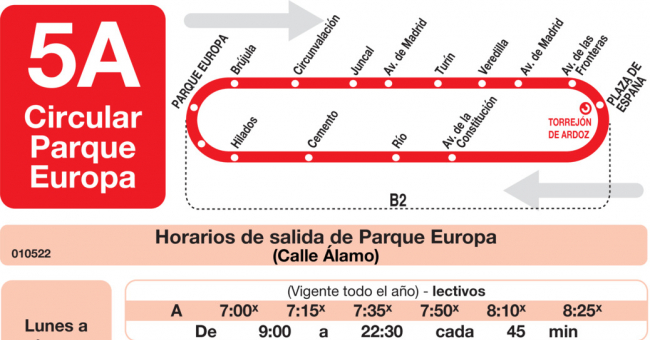 Tabla de horarios y frecuencias de paso en sentido ida Línea L-5A Torrejón de Ardoz: Circular Parque Europa