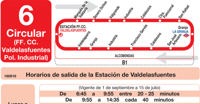 Tabla de horarios y frecuencias de paso en sentido ida Línea L-6 Alcobendas: Estación Cercanías RENFE - Valdelasfuentes - Polígono Industrial